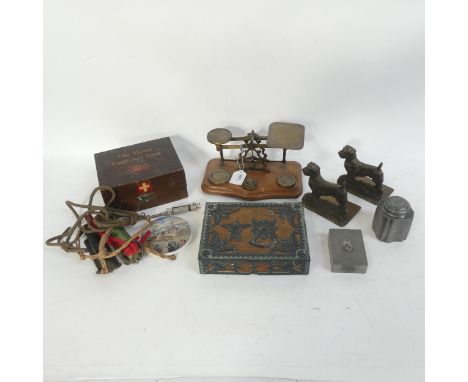 2 Salter's spring scales, a whistle, a pair of brass Terrier bookends, biscuit tin, pot lid
