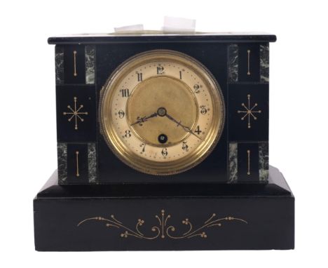 An Antique engraved slate and marble-cased mantel clock, with pendulum and key, H20.5cm 