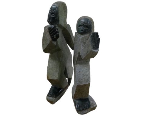 2 similar hand carved green opal figures, tallest 60cm 