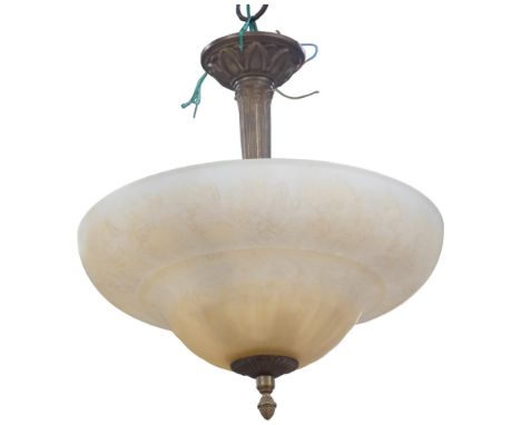 A graduated pair of Vintage milk glass ceiling light bowls, with brass mounts, largest 40cm across approx 