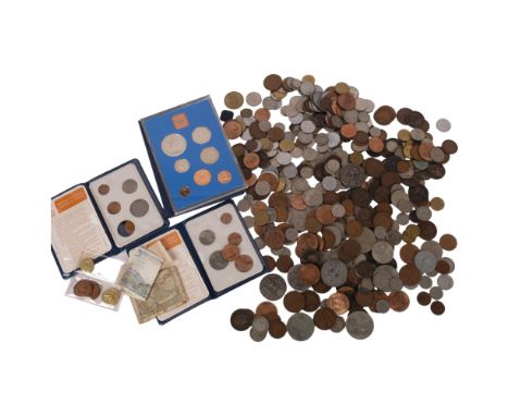 A box of various English and foreign coins, banknotes, Britain's first decimal coins etc 