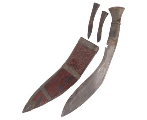 An Indian kukri knife, with steel-bound leather scabbard, L40cm 