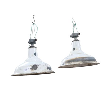 A pair of Vintage enamel hanging light fittings, 37cm across 