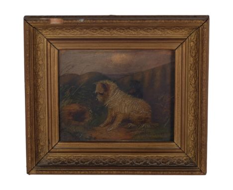 19th century gilt-framed oil on canvas, depicting 2 Terriers hunting, 33cm x 36cm overall 