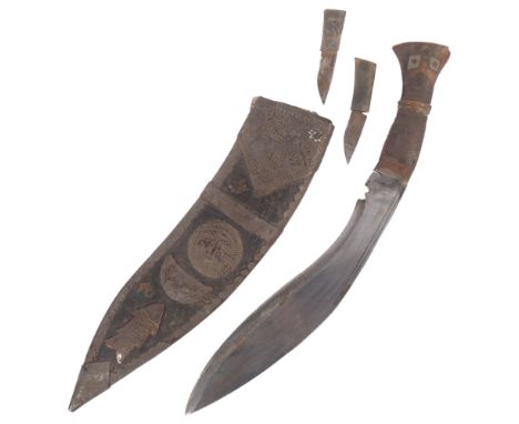 An Indian kukri knife, with steel-bound wooden scabbard, L42cm 