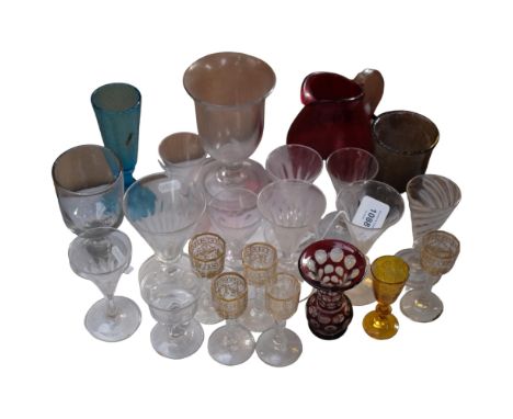 5 gilded panel cut liqueurs, ruby overlay vase, 10cm, a hand blown vase, and a Whitefriars ruby jug, Antique glasses etc 