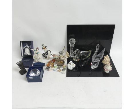 A group of various ornaments, including a Waterford glass bell, a crystal globe on stand, 3 Dresden crinoline ladies, various