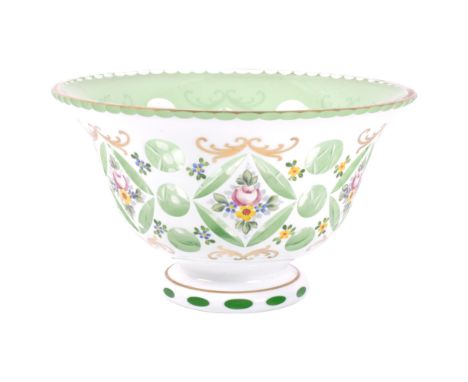 A Bohemian green and white enamel glass table centre bowl, with floral and gilded decoration, diameter 24cm, height 14cmGood 