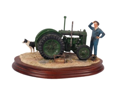 Border Fine Arts sculpture, titled "won't start", depicting a man and tractor, on plinth, L24cm 