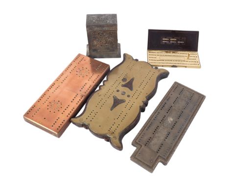 A brass cribbage board on wooden mount, 23cm, 2 other Vintage cribbage boards, and a brass box containing a miniature crib bo