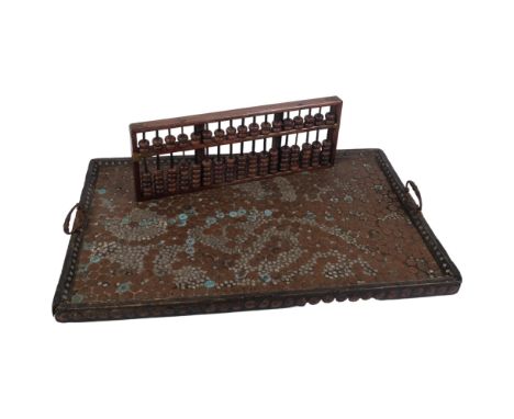 An Anglo-Indian 2-handled tea tray with inset metal discs, and a hardwood abacus, L47cm 