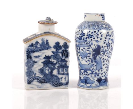 A 19th century Chinese blue and white tea caddy and cover, H13cm, and a small 19th century Chinese blue and white baluster va
