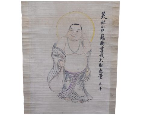 In the manner of Chang Dai-Chien (1899 - 1983), painted scroll portrait, signed and studio stamp, L175cm overall 