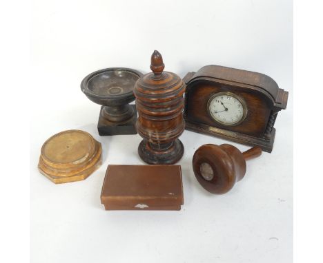 An oak-cased Walker &amp; Hall mantel clock, H16cm, a turned oak pot with acorn finial, a small leather case etc