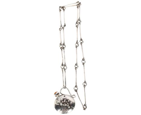 A silver and amber set flask design pendant and chain, pendant width 35mm 