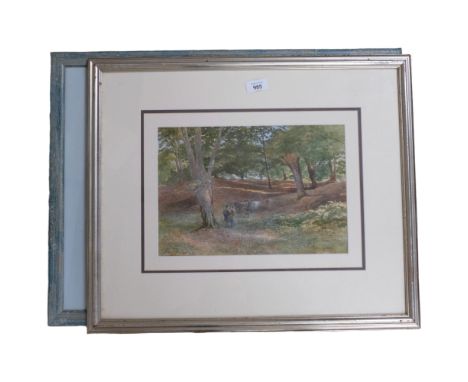 Watercolour study of figures and cattle in woodland, indistinctly signed, and K Curtis, painting, flooded landscape, framed, 