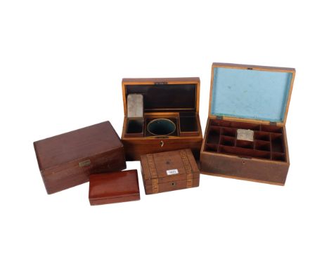 A group of 5 Antique boxes, including a mahogany tea caddy with fitted interior, 30cm across 