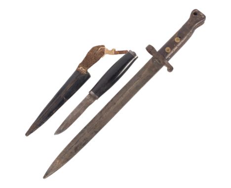 A First World War Period bayonet, with impressed marks, L42cm, and a small ebony barrel handled knife, L21cm, with leather sc