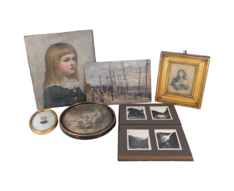 A painting on canvas board, harbourside scene, 20cm x 30cm, portrait on card, gilt-framed crucifixion, Scandinavian photograp