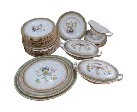 Royal Worcester porcelain dinner service, including 2 vegetable tureens and covers, serving plates and sauce boat, with chino