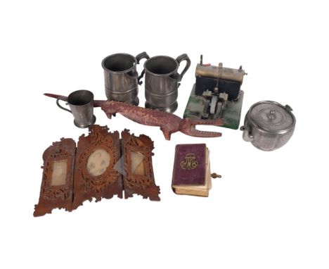 2 Victorian side-pouring pewter jugs, carved crocodile, a stationary steam engine, 14cm across, frame etc 