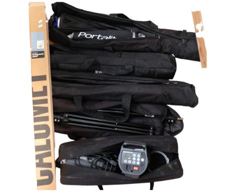 An Elinchrome portable professional studio lighting system, to include 2 BX500RI heads and stands, a large soft box, a small 
