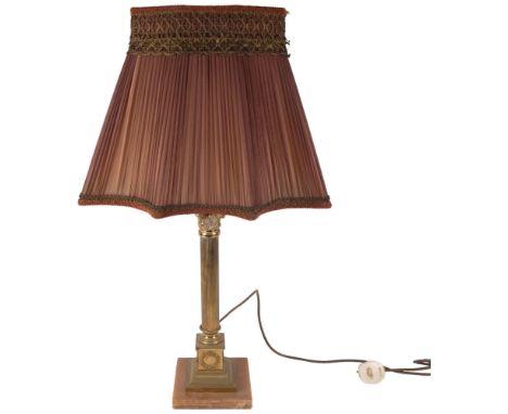 A brass Corinthian column table lamp on marble base, with shade, H71cm overall 