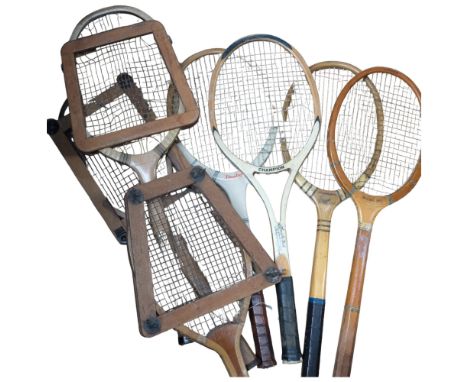 Various Vintage tennis rackets and presses, including Dunlop 