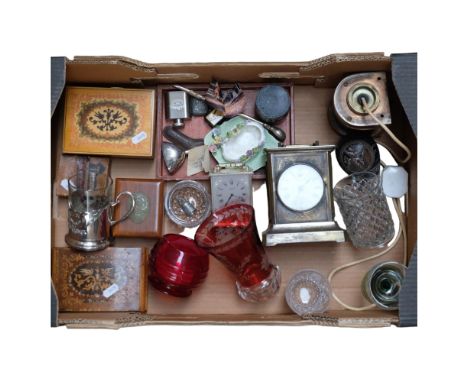 A Sorrento Ware musical jewellery box, and another, a Bohemian glass vase, mantel clock, copper lantern etc (boxful) 