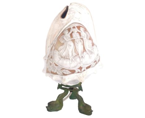 A large cameo conch shell light fitting, with Koi or other Japanese style fish verdigris base, H28cmGood overall condition, s
