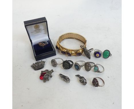 A collection of silver and other rings, to include marcasite and stone set, earrings, A Ladybird brooch, silver galleon desig