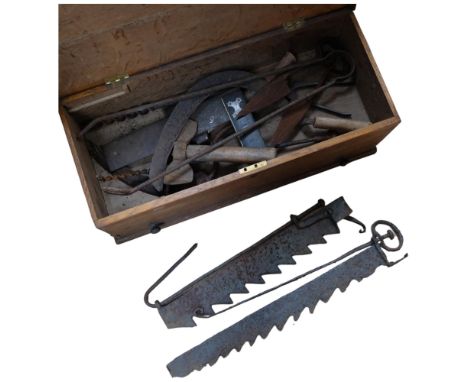 A spit roasting jack, various tools in a 2-handled oak box with drawer under 