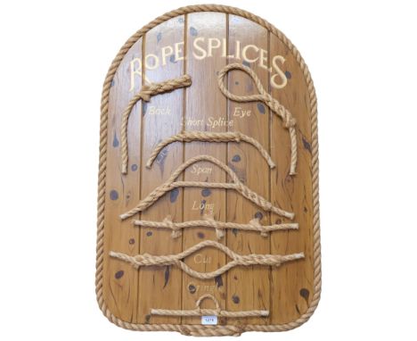 A collection of rope splices, mounted on wooden panel with rope twist surround, H86cm 