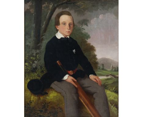 ENGLISH SCHOOL, early/mid-19th century. Portrait of a boy in a landscape holding cricket bat.  Oil on canvas: 17½” x 14”, in 