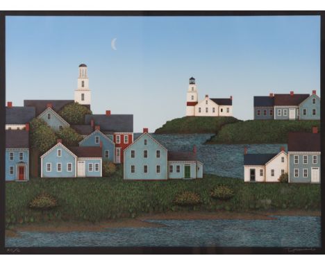 THEODORE ‘TED’ JEREMENKO (American, b. 1938).  New England shorefront houses &amp; lighthouse; coloured lithograph; 22” x 30”