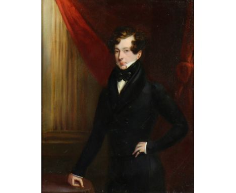 ENGLISH SCHOOL early 19th century. Portrait of a gentleman, three-quarter length, wearing black jacket &amp; white cravat, hi
