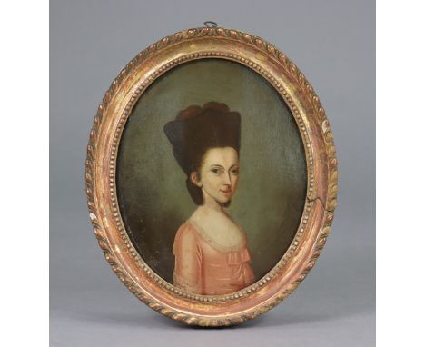 ENGLISH SCHOOL, 18th century. Portrait of a young lady wearing pink gown with ribbon-bow, head &amp; shoulder length, oil on 
