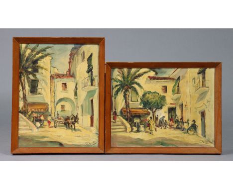 SPANISH SCHOOL, 20th century A pair of courtyard scenes with figures, each signed “Camps”, oil on canvas: 10¾” x 14” (landsca