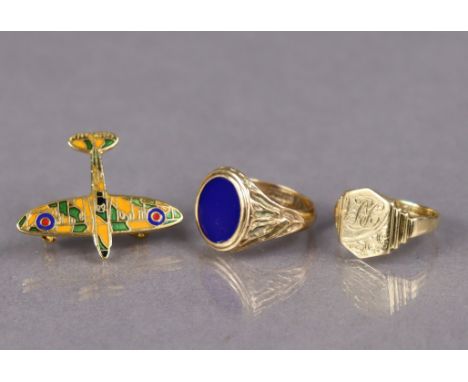 A 9ct gold signet ring with oval lapis-coloured matrix (5.6g); another 9ct gold signet ring (3.2g); &amp; a gilt-metal &amp; 