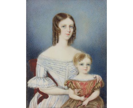 ENGLISH SCHOOL, circa 1835. A portrait miniature of Julia Maria Huyshe (née Hagar), her son Dunbar Huyshe on her lap, 4¼” x 3