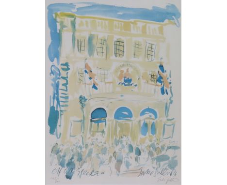 JAKE SUTTON (b. 1947) “Off to the Theatre”, figures outside the Theatre Royal, Bath; coloured lithograph; signed &amp; number