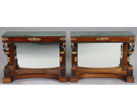 A PAIR OF MAHOGANY, EBONISED &amp; GILT EMPIRE-STYLE CONSOLE TABLES, by Brights of Nettlebed, each with rectangular green mar