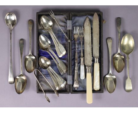 Four George III silver Old English dessert spoons – odd dates &amp; makers; six Fiddle pattern teaspoons, London 1805 by J.C.