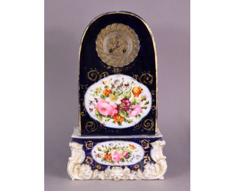 A mid-19th century French porcelain mantel clock with 4½” dia. gilt-metal &amp; silvered dial, silk suspension movement strik