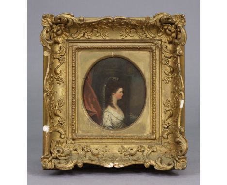 ENGLISH SCHOOL, late 18th century. Portrait of Mrs Edwards in profile, wearing lace headdress &amp; silk dress, oil on panel: