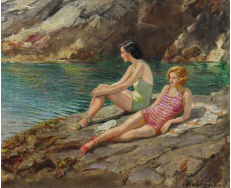 ROWLAND WHEELWRIGHT, R.B.A. (1870-1955). Two young ladies sunbathing on the rocks.  Signed “R. Wheelwright” lower right, oil 