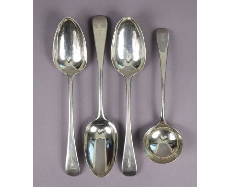 Three George III silver Old English table spoons, London 1798 by Wm Eley &amp; Wm Fearn; &amp; a ditto sauce ladle with circu