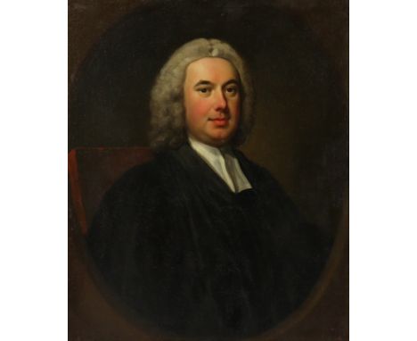 Manner of THOMAS HUDSON (1701-1779). Portrait of John Huyshe, head &amp; shoulder length, wearing clerical robes within a pai