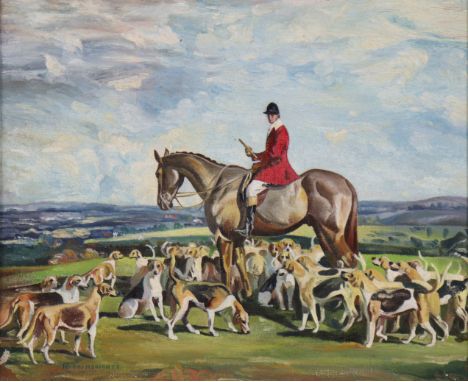 R. FARNSWORTH (British, 20th century) A hunting party in a landscape; signed lower left; oil on canvas laid on board; 10” x 1