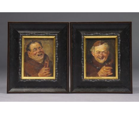 DUTCH SCHOOL, 19th century. A pair of small made portrait studies, each smiling with glass raised, oil on panel: 4¼” x 3¼”, i